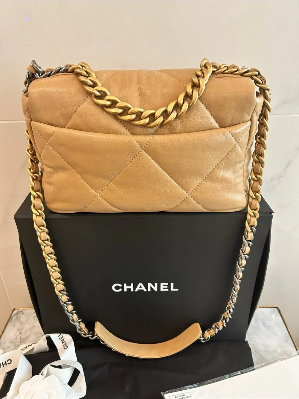Like New! CHANEL 19 matelasse small Flap Bag with gold & silver chain FULL SET